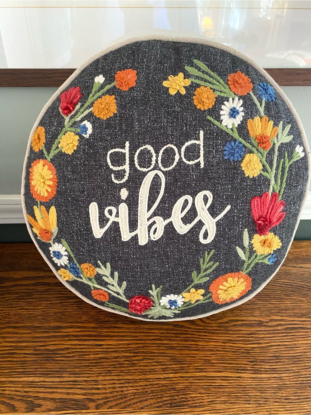 World Market Round Indigo Embroidered Floral Good Vibes Throw Pillow